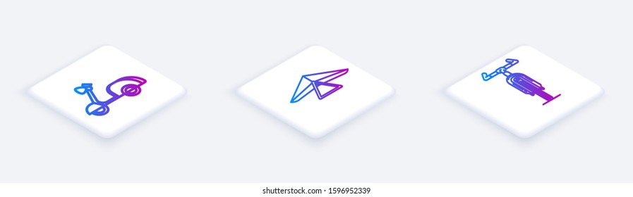 Set Isometric line Scooter, Hang glider and Bicycle. White square button. Vector
