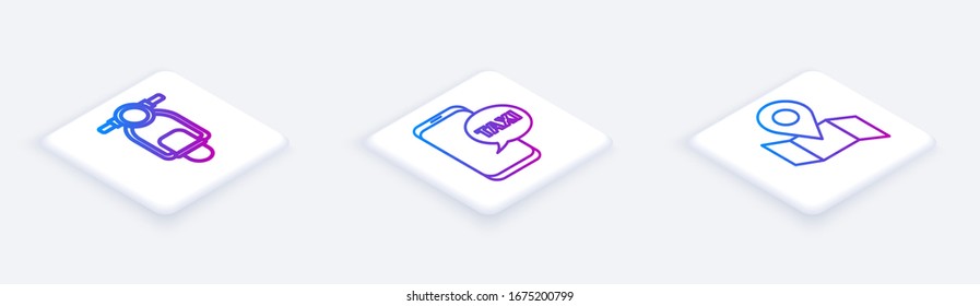Set Isometric line Scooter, Taxi call telephone service and Folded map with location marker. White square button. Vector