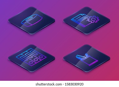 Set Isometric line Scotch, Office folders with papers and documents, Document settings with gears and Pencil case stationery. Blue square button. Vector