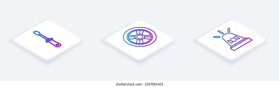 Set Isometric line Screwdriver, Car wheel and Flasher siren. White square button. Vector