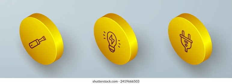 Set Isometric line Screwdriver, Creative lamp light idea and Electric plug icon. Vector