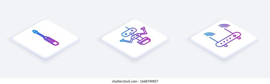 Set Isometric line Screwdriver, Robot and Router and wi-fi signal. White square button. Vector