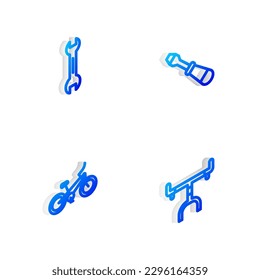 Ajuste el destornillador de línea isométrica, el spanner de llave inglesa, el icono de bicicleta y manillar. Vector