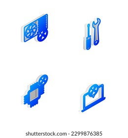 Set Isometric line Screwdriver and wrench, Air conditioner service, Processor and Laptop icon. Vector