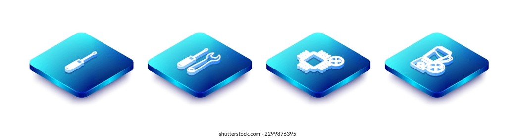 Set Isometric line Screwdriver, and wrench, Processor service and Blender icon. Vector