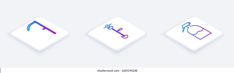 Set Isometric line Scythe, Grass and weed electric string trimmer and Garden sprayer. White square button. Vector