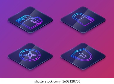 Set Isometric line SD card and shield , Safe , Safe combination lock  and Shield with keyhole . Blue square button. Vector