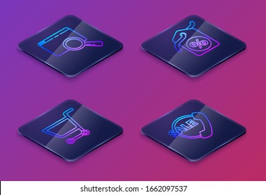 Set Isometric line Search in a browser window, Shopping cart, Discount percent tag and Telephone 24 hours support. Blue square button. Vector