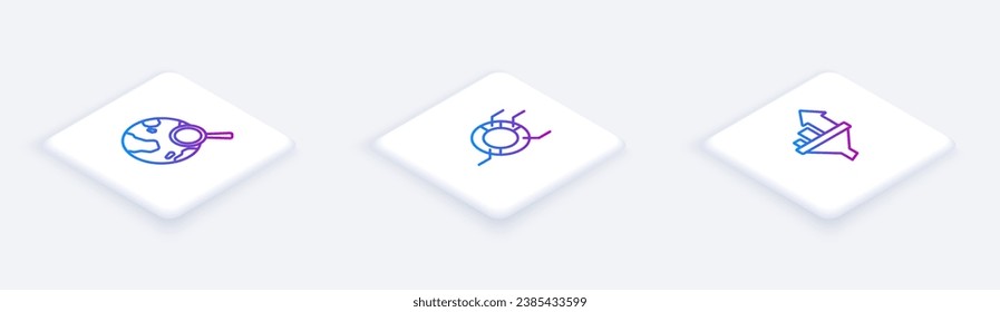 Set Isometric Line Search globe, Pie chart Infografik und Sales trichter mit. Weißer Quadrat-Knopf. Vektorgrafik