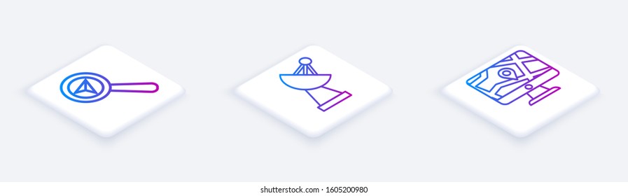 Set Isometric line Search location, Radar and Monitor and folded map with location. White square button. Vector