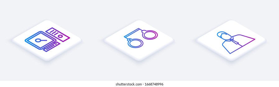 Set Isometric line Search en pantalla de ordenador, Esposas y Abogado, abogado, jurista. Botón cuadrado blanco. Vector
