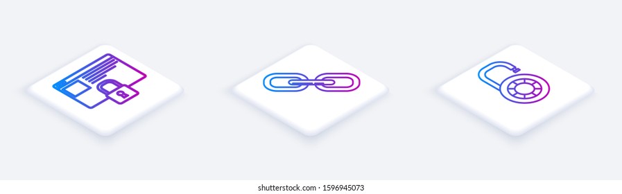Set Isometric line Secure your site with HTTPS, SSL, Chain link  and Safe combination lock wheel . White square button. Vector