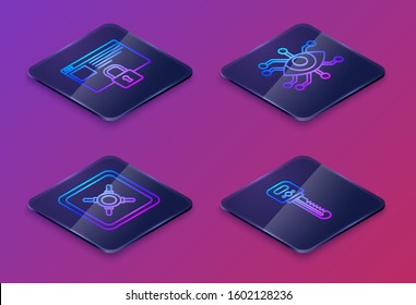 Set Isometric line Secure your site with HTTPS, SSL, Safe , Eye scan  and Key . Blue square button. Vector
