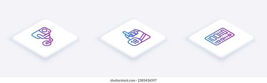 Set Isometric line Security camera, Cigarettes pack box and Barcode. White square button. Vector