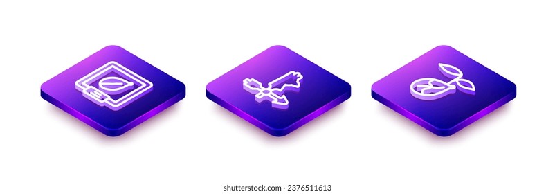 Set Isometric line Seeds of specific plant, Rooster weather vane and Sprout icon. Vector