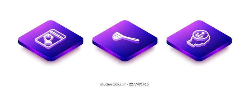 Fijar la línea isométrica Pescado servido en la placa, red de pesca e icono del pescador. Vector
