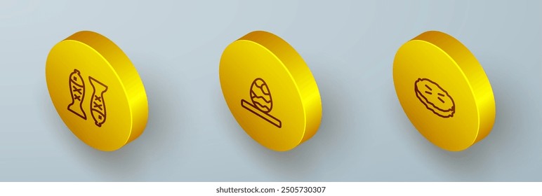 Set Isometric line Served fish on a plate, Chinese tea egg and Homemade pie icon. Vector