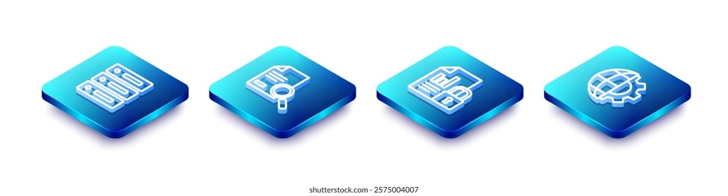 Set Isometric line Server, Data, Web Hosting, Document with search, and lock and Globe of the Earth gear icon. Vector