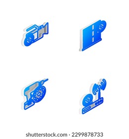 Set Isometric line Server setting, Video camera, Drill machine and Router and wi-fi icon. Vector