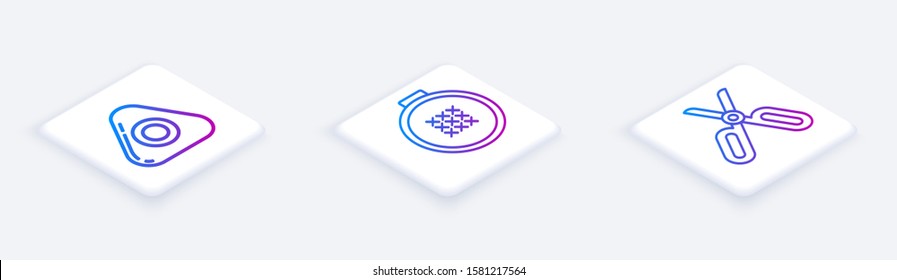Set Isometric line Sewing chalk, Round adjustable embroidery hoop and Scissors. White square button. Vector
