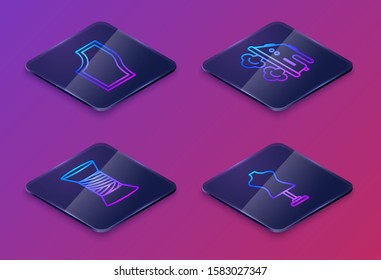 Set Isometric line Sewing Pattern, Sewing thread on spool, Electric iron and Mannequin. Blue square button. Vector