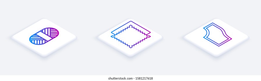 Set Isometric line Sewing thread on spool, Textile fabric roll and Sewing Pattern. White square button. Vector