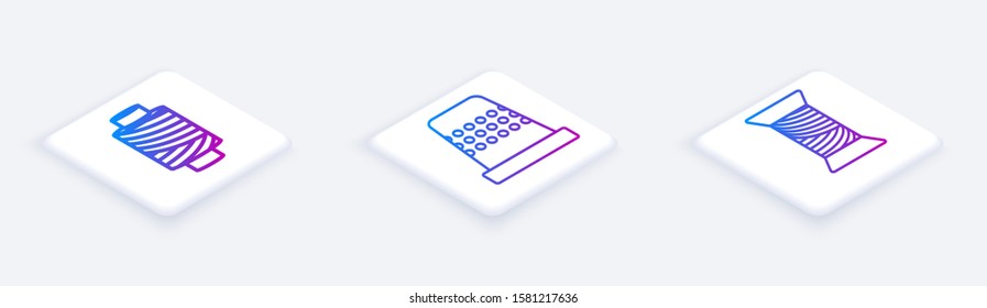 Set Isometric line Sewing thread on spool, Thimble for sewing and Sewing thread on spool. White square button. Vector