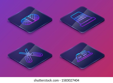 Set Isometric line Sewing thread on spool, Scissors, Thimble for sewing and Electric iron. Blue square button. Vector