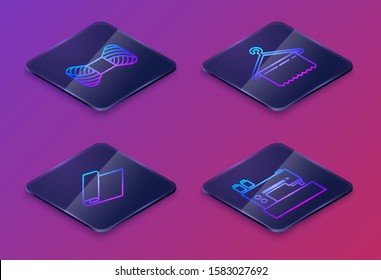 Set Isometric line Sewing thread on spool, Textile fabric roll, Hanger wardrobe and Sewing machine. Blue square button. Vector