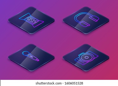 Set Isometric line Sewing thread on spool, Microphone, Headphones and Photo camera. Blue square button. Vector