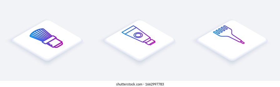 Set Isometric line Shaving brush, Cream or lotion cosmetic tube and Hairbrush. White square button. Vector