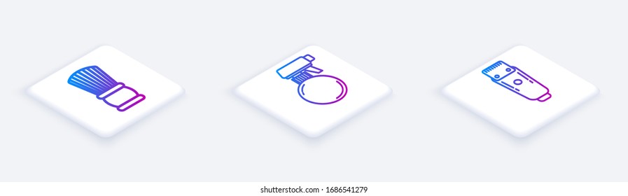 Set Isometric line Shaving brush, Hairdresser pistol spray bottle and Electrical hair clipper or shaver. White square button. Vector
