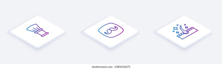 Fijar la línea isométrica Pincel de afeitar, Barbershop y aceite para el tratamiento del cabello. Botón cuadrado blanco. Vector