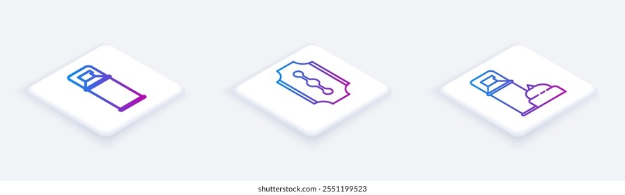 Set Isometric line Shaving gel foam, Blade razor and Shaving gel foam. White square button. Vector