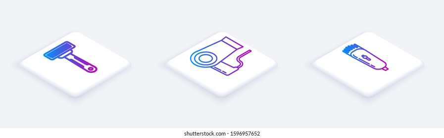 Set Isometric line Shaving razor, Hair dryer and Electrical hair clipper or shaver. White square button. Vector