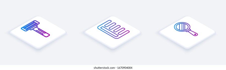 Set Isometric line Shaving razor, Hairbrush and Hand mirror. White square button. Vector