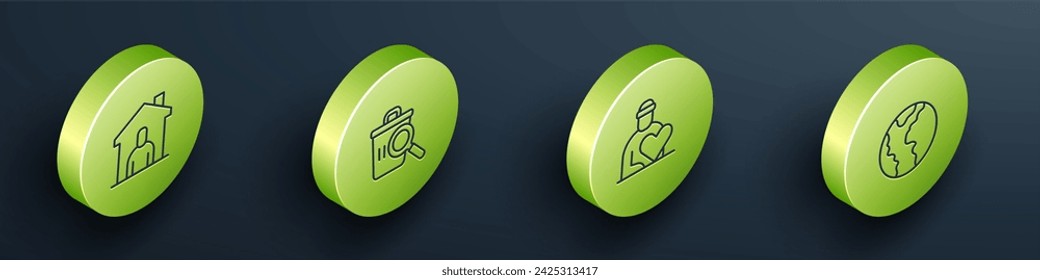 Set Isometric line Shelter for homeless, Searching food, Volunteer and Global economic crisis icon. Vector