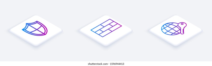 Set Isometric line Shield , Bricks  and Globe key . White square button. Vector