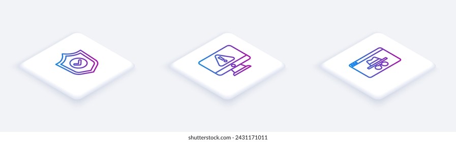 Set Isometric line Shield with check mark, Monitor exclamation and Browser incognito window. White square button. Vector