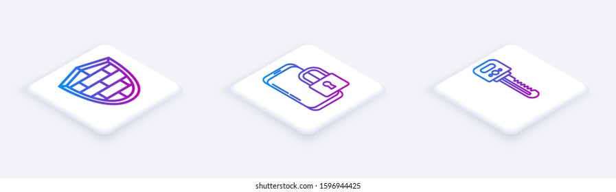 Set Isometric line Shield with cyber security brick wall , Smartphone with closed padlock  and Key . White square button. Vector