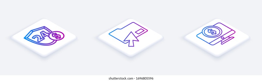 Establezca Escudo de línea isométrica con dólar, Cursor haga clic en carpeta de documento y monitor de equipo con dólar. Botón cuadrado blanco. Vector