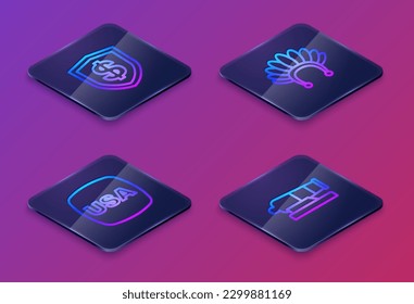 Set Isometric line Shield with dollar, USA Independence day, Indian headdress feathers and Cannon. Blue square button. Vector