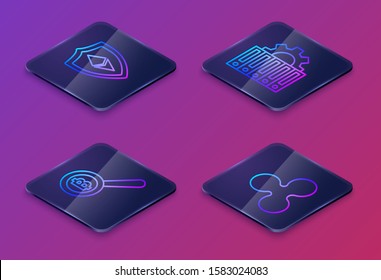 Set Isometric line Shield Ethereum ETH, Magnifying glass with Bitcoin, Server and gear and Cryptocurrency coin Ripple XRP. Blue square button. Vector