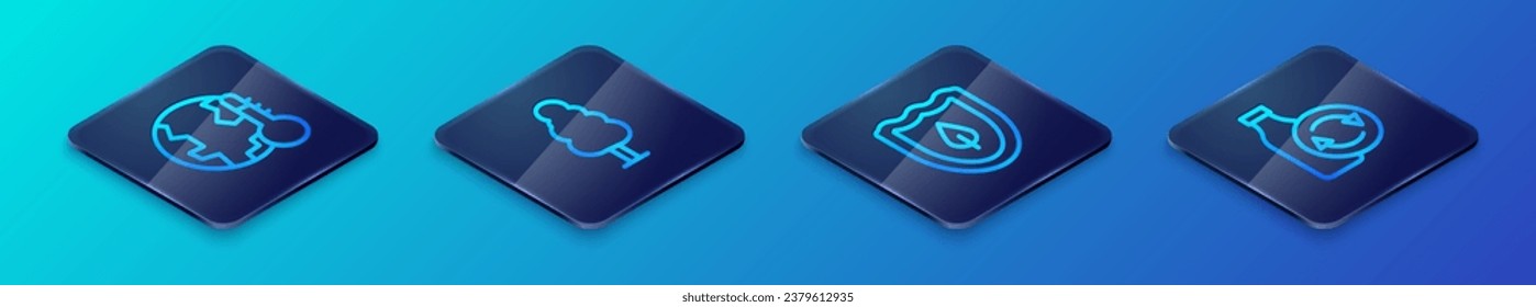 Set Isometric line Shield with leaf, Earth melting to global warming, Recycling plastic bottle and Tree icon. Vector