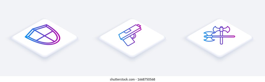 Set Isometric line Shield, Pistol or gun and Crossed medieval axes. White square button. Vector
