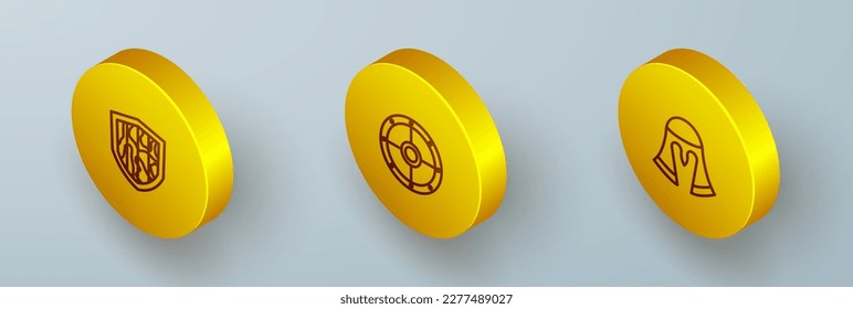 Set Isometric line Shield, Round shield and Medieval helmet icon. Vector