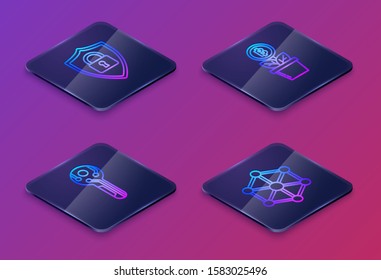 Set Isometric line Shield security with lock, Cryptocurrency key, Bitcoin plant in the pot and Blockchain technology. Blue square button. Vector