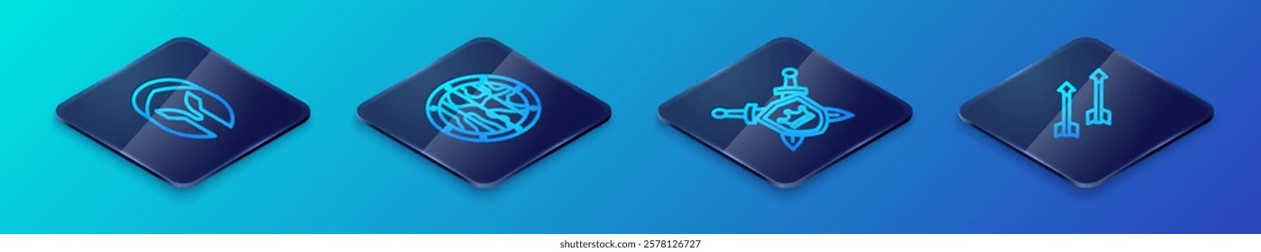 Set Isometric line Shield with swords, Medieval helmet, arrows and Round wooden shield icon. Vector
