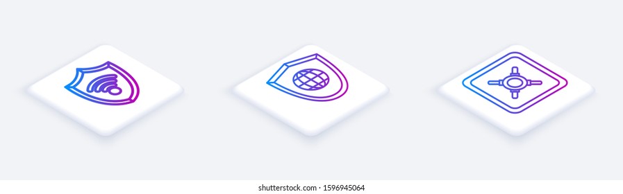 Set Isometric line Shield with WiFi wireless internet network, Shield with world globe  and Safe . White square button. Vector