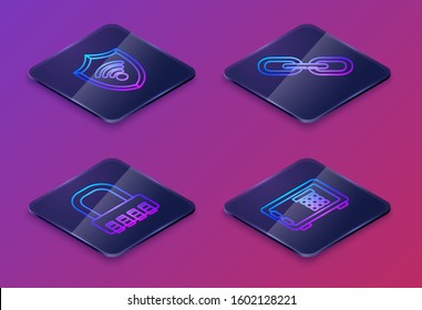 Set Isometric line Shield with WiFi wireless internet network, Safe combination lock , Chain link  and Safe . Blue square button. Vector
